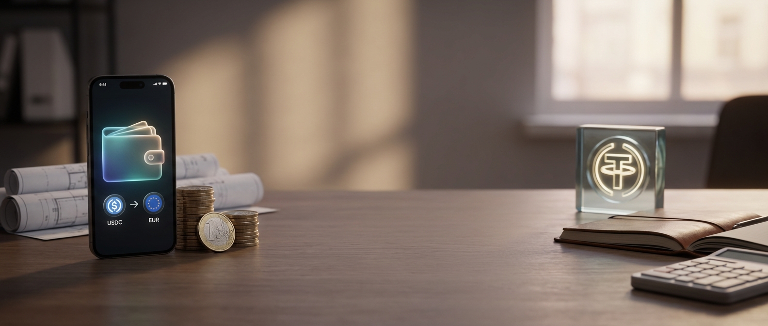 Schemat: stablecoiny (USDC/USDT) -> off-ramp -> konto firmowe EUR -> płatności SEPA i koszty operacyjne